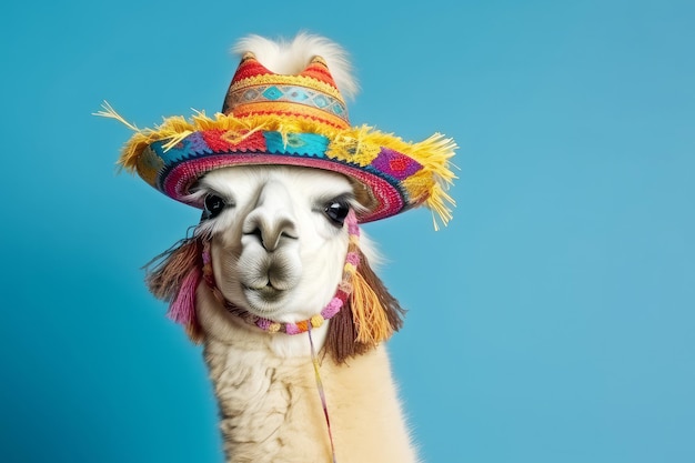 A portrait of a llama wearing a colourful traditional hat generative ai