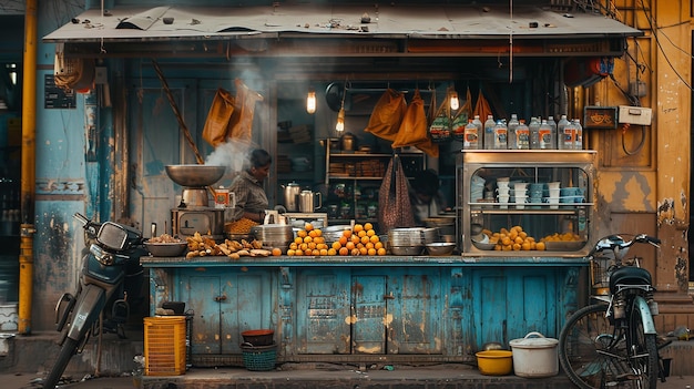 Portrait of a local Indian tea stall with a big space in front of it for product or text backdrop Generative AI