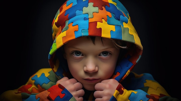Портрет одинокого мальчика с синдромом аутизма в капюшоне с печатью цветных головоломок