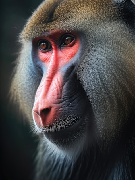 Portrait of a lonely mandrill on a blurred background