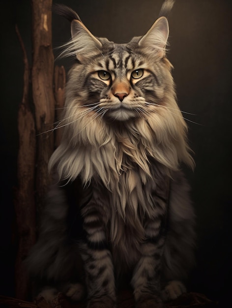 Portrait of a longhaired Maine Coon cat on dark background