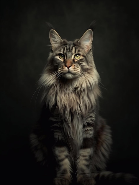 Portrait of a longhaired Maine Coon cat on dark background