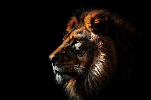 Portrait of longmaned male lion on black background Studio shot