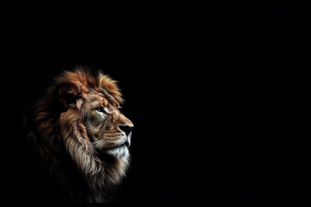 Portrait of longmaned male lion on black background Studio shot