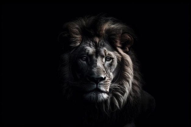 Portrait of longmaned male lion on black background Studio shot