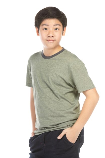 Photo portrait of look good asian kid isolated on white.