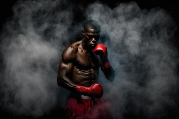 Foto ritratto che guarda l'obbiettivo del pugile afroamericano con guanti rossi a torso nudo e fumo sullo sfondo illuminato da luce rossa sfondo nero girato in studio