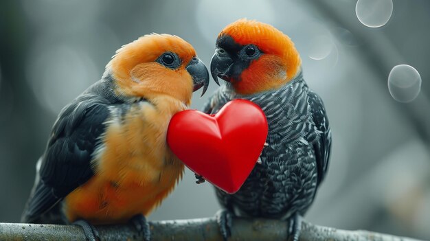 Foto ritratto di un uccello d'amore con un grande cuore rosso con un grande spazio di copia ai generativa