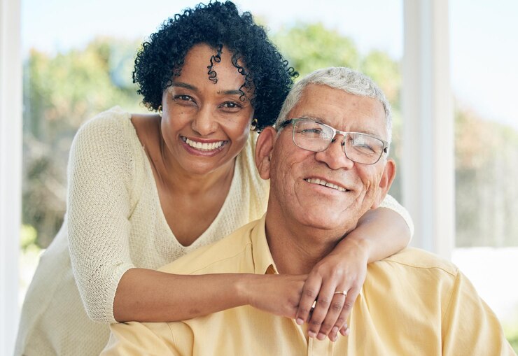 Photo portrait love and couple hug retirement and quality time for anniversary loving and bonding together face old man and mature woman embrace romance and relations with joy happiness and cheerful