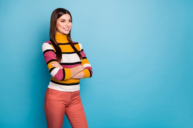 Portrait of lovely charming content lady real expert boos cross hands look copyspace listen her colleagues wear casual style clothing isolated over blue color wall