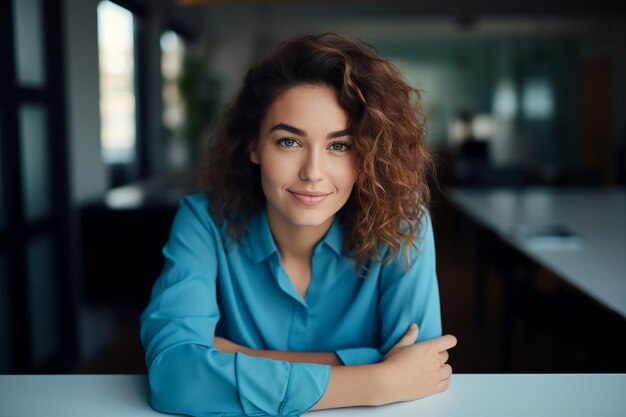 Portrait of a lovely cute woman sitting office room indoors generative ai