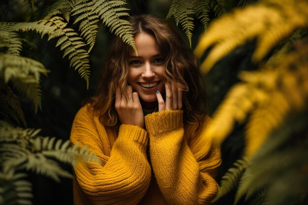 Foto ritratto di una bella donna di moda che indossa un maglione giallo nella foresta autunnale