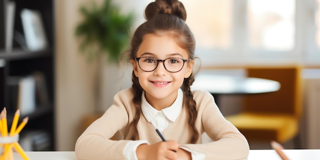 Portrait of lovely girl looking at camera while drawing