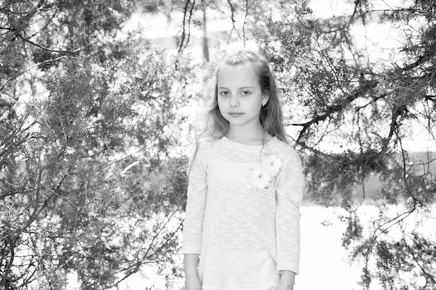 Portrait of a lovely little happy princess girl with long blonde curly hair at summer sunny day