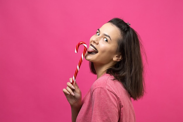 Photo portrait of lovely sweet beautiful cheerful woman with straight brown hair