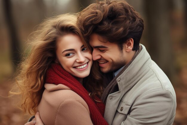 Portrait of lovely young couple forest colors green beige autumn hugs cheerful wife husband walking