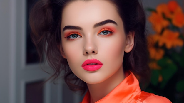밝은 분홍색 화장품을 입은 사랑스러운 젊은 여성의 초상화 Generative AI는 입술에 화려한 주황색 립스틱을 바른 아름다운 갈색 머리입니다.