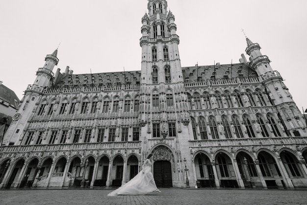 Portrait of a lovely young woman in a lush dress walking around the park and the Grand Palace(Brussels)