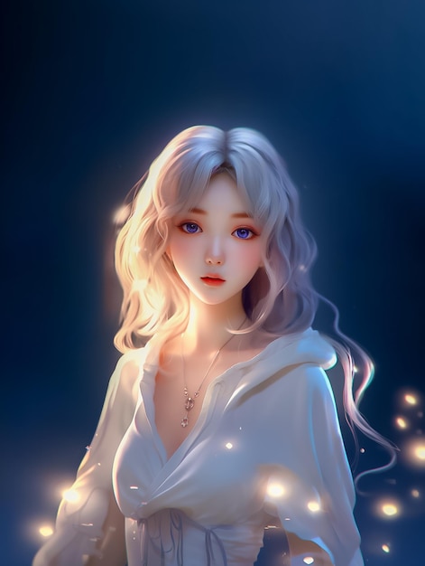 사진을 위해 포즈를 취하는 사랑스러운 젊은 여성 초상화 Dreamy and Doll like Anime Style Ai Generated