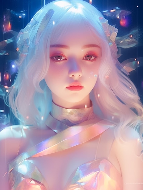 사진을 위해 포즈를 취하는 사랑스러운 젊은 여성 초상화 Dreamy and Doll like Anime Style Ai Generated