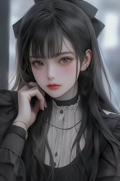 사진을 위해 포즈를 취하는 사랑스러운 젊은 여성 초상화 Dreamy and Doll like Anime Style Ai Generated