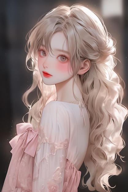 사진을 위해 포즈를 취하는 사랑스러운 젊은 여성 초상화 Dreamy and Doll like Anime Style Ai Generated