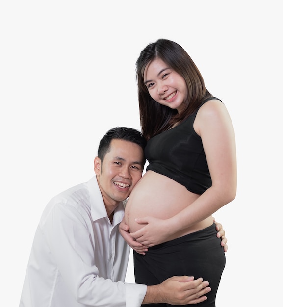 Portrait lover, husband hug his pregnant wife isolated on white wall, Love valentine concept