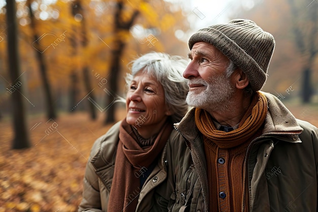 愛する年配の夫婦が秋や冬を楽しんで公園を散歩している肖像画