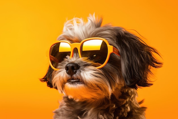 Portrait Lowchen Dog With Sunglasses Orange Background Lowchen Pics Dog Breeds Sunglasses Dogs N