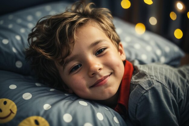 Портрет лежащего улыбающегося счастливого мальчика на сером фоне