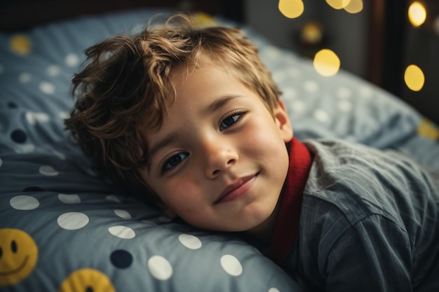 Портрет лежащего улыбающегося счастливого мальчика на сером фоне