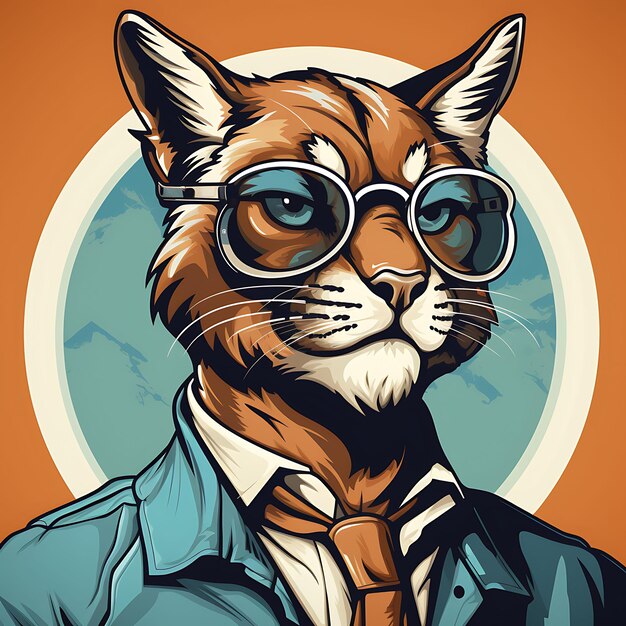 Portrait of lynx wearing button up shirt with cool posed fixing vintage poster 2d flat design art