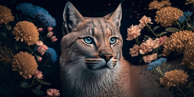 Portrait of a lynx with hydrangeas around Generative AI