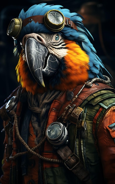 Portrait of Macaw Pirate Exotic Aviator Costume Aviator Cap Flight Goggl Animal Arts Collections