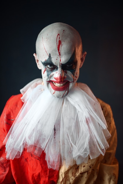 Photo portrait of mad bloody clown, face in blood