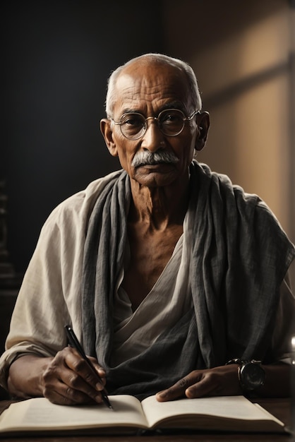 A portrait of Mahatma Gandhi smiling looking confident