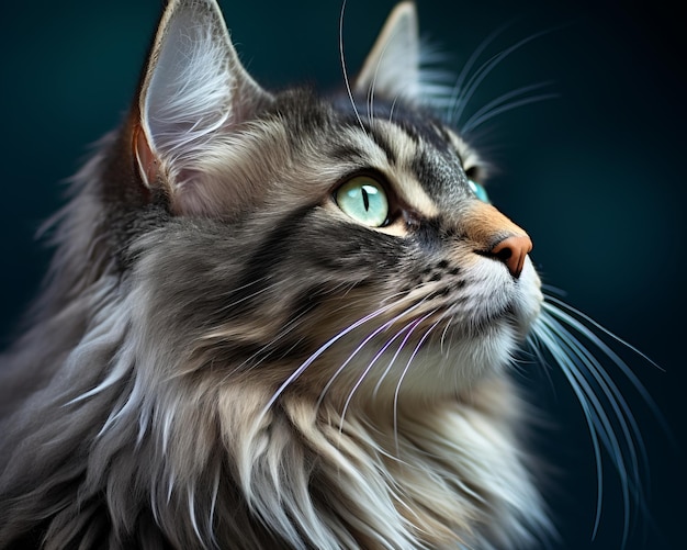 검정색 배경에 있는 메인 쿤 고양이의 초상화