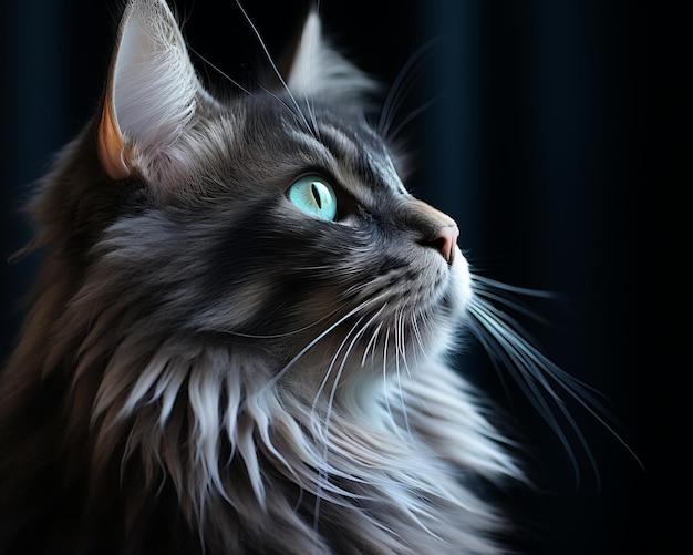 portrait of a maine coon cat on a blue background