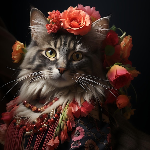 멕시코의 전통적인 Cinco De Ma 축제에 프리다 칼로로 옷을 입은 메인  ⁇  고양이의 초상화