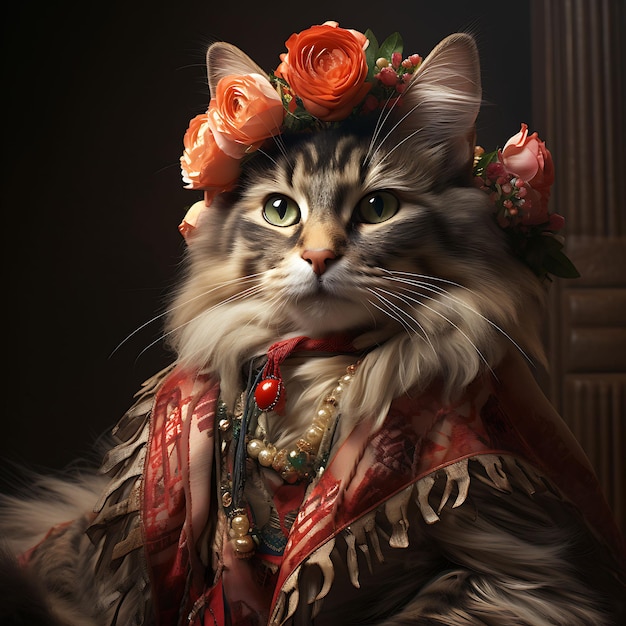 Портрет кошки мейн-кун в костюме Фриды Кало для праздничного праздника Cinco De Ma в Мексике