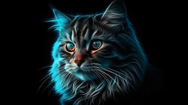 Portrait of Maine Coon cat with blue eyes on black backgroundgenerative ai