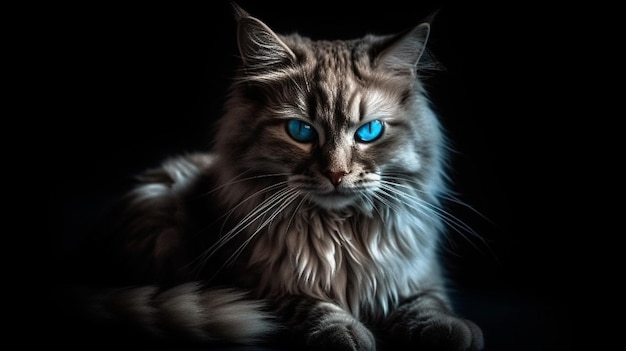 Portrait of Maine Coon cat with blue eyes on black backgroundgenerative ai