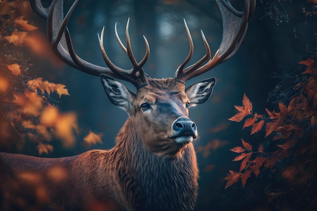 Photo portrait of a majestic strong adult red deer stag in a forest in the fall