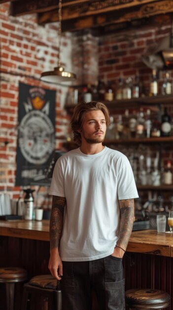 Photo portrait of a male bartender standing in a bar