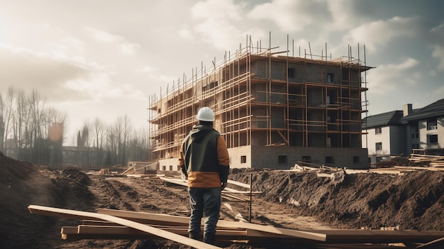 Portrait of male builder in hard hat working at construction site Generative ai