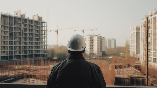 Portrait of male builder in hard hat working at construction site Generative ai