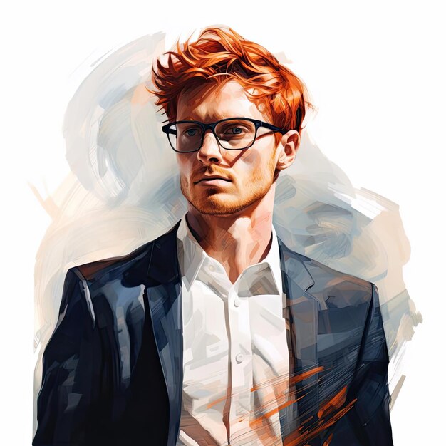 портрет мужчины-бизнесмена с рыжими волосами справа в очках на белом фоне