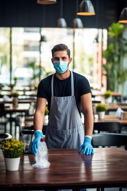 Portrait of male cafe worker wearing mask and face shield while sanitizing tables and cleaning