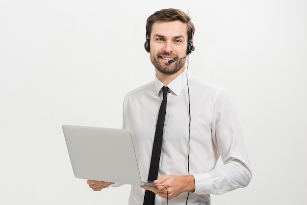 Portrait of male call center agent