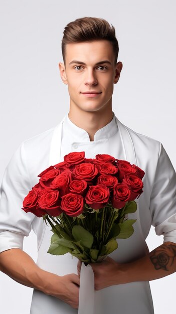 흰색 배경에서 발렌타인 데이 꽃 보케를 들고 있는 남성 요리사의 초상화 생성 AI
